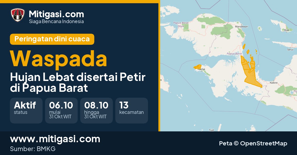 Peringatan dini cuaca BMKG tingkat Waspada di Papua Barat. (Mitigasi.com/data BMKG)