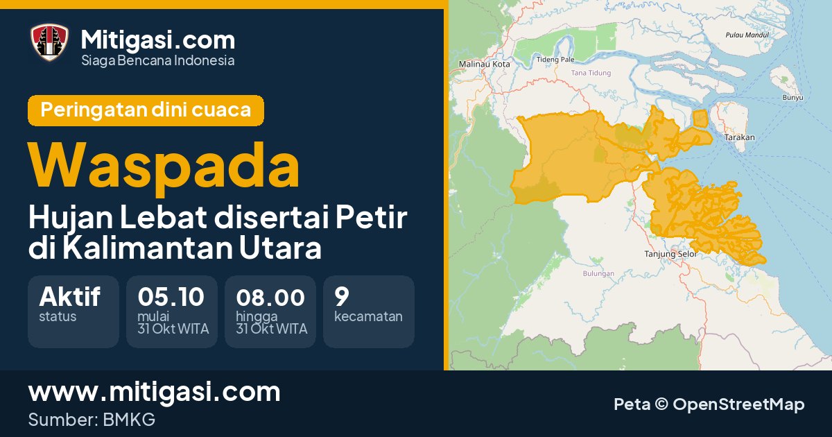 Peringatan dini cuaca BMKG tingkat Waspada di Kalimantan Utara. (Mitigasi.com/data BMKG)