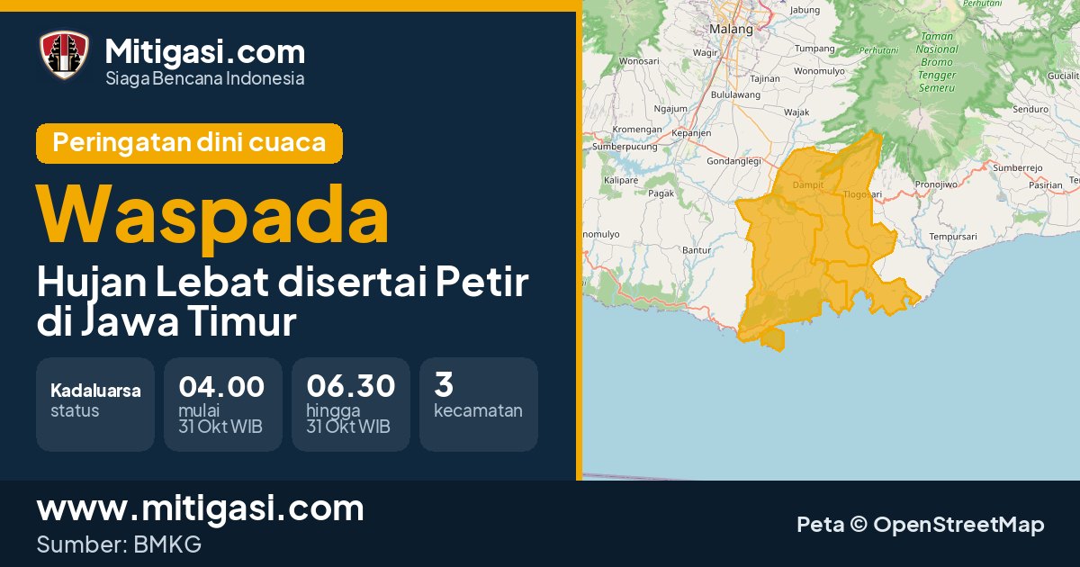 Peringatan dini cuaca BMKG tingkat Waspada di Jawa Timur. (Mitigasi.com/data BMKG)