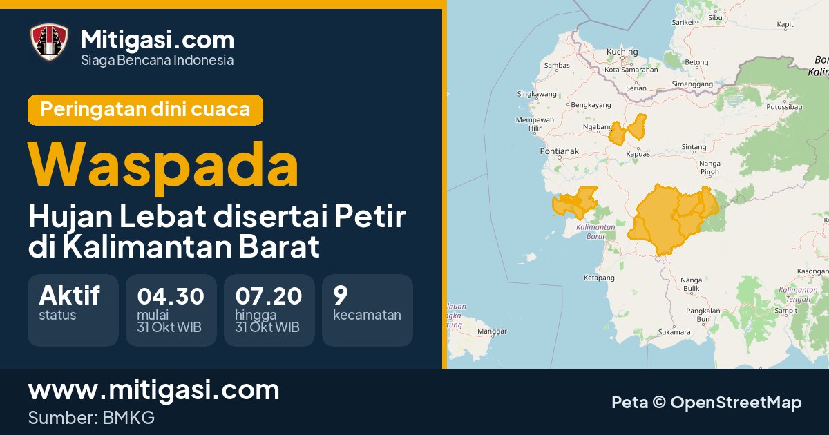 Peringatan dini cuaca BMKG tingkat Waspada di Kalimantan Barat. (Mitigasi.com/data BMKG)