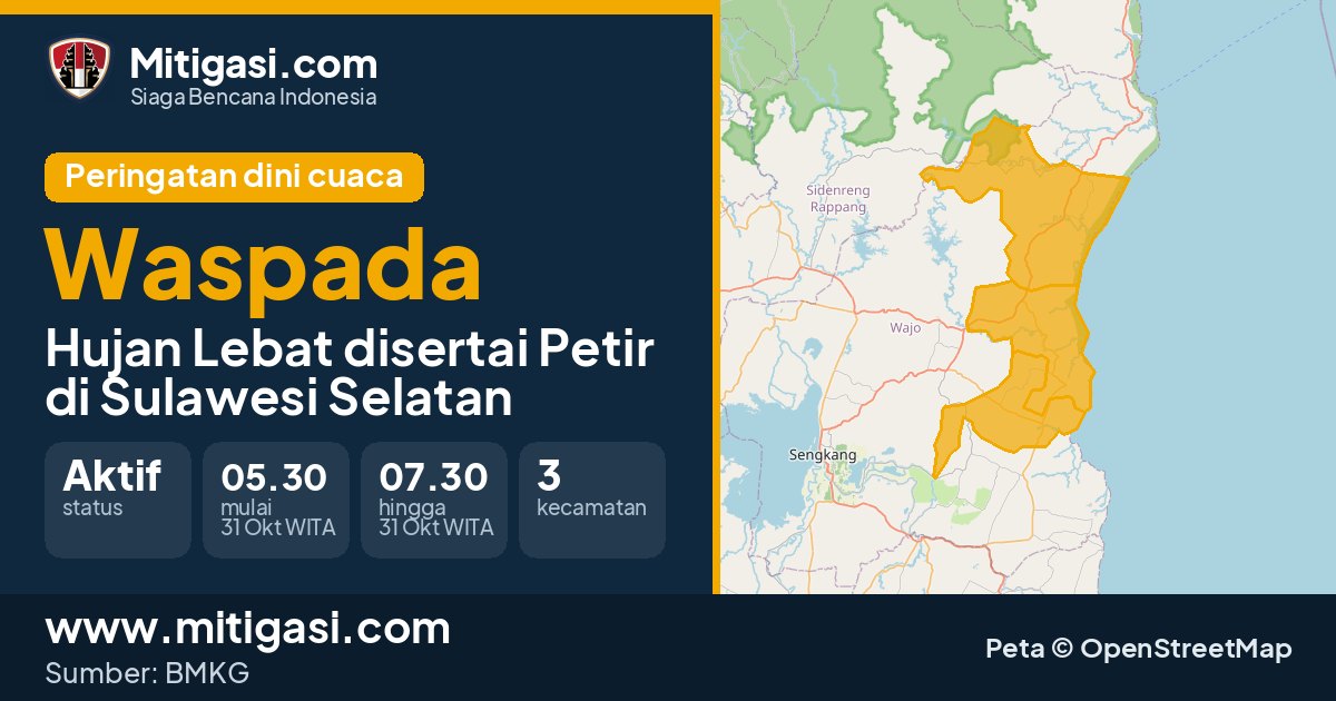 Peringatan dini cuaca BMKG tingkat Waspada di Sulawesi Selatan. (Mitigasi.com/data BMKG)