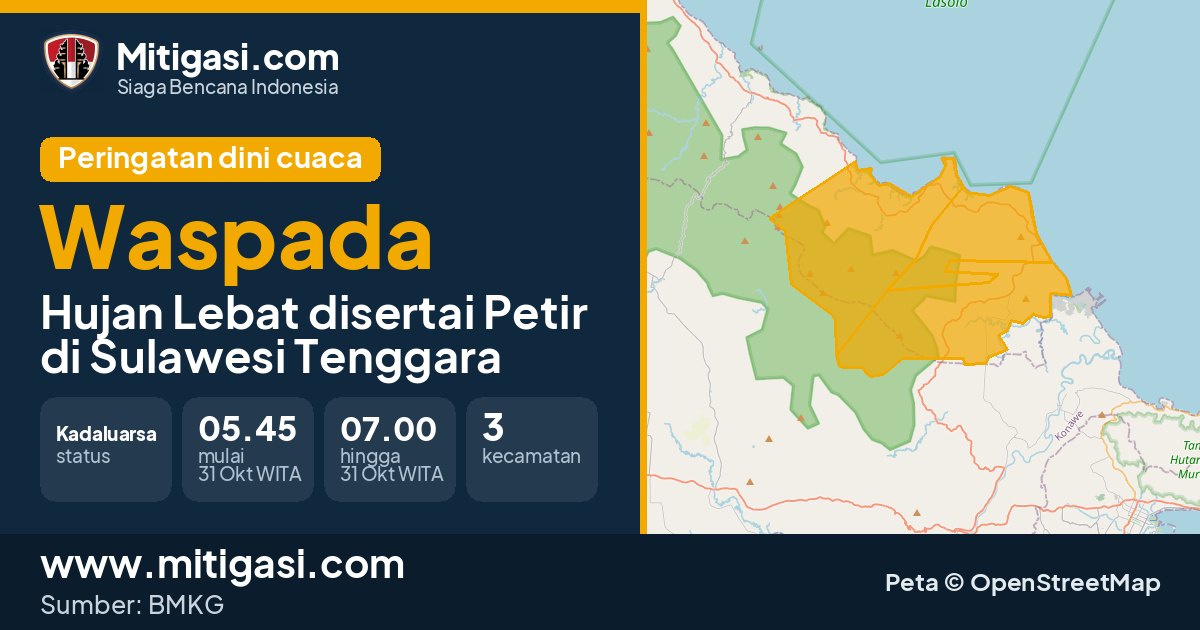 Peringatan dini cuaca BMKG tingkat Waspada di Sulawesi Tenggara. (Mitigasi.com/data BMKG)
