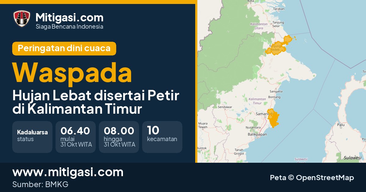 Peringatan dini cuaca BMKG tingkat Waspada di Kalimantan Timur. (Mitigasi.com/data BMKG)