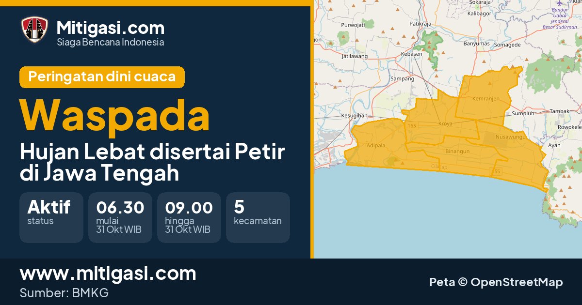 Peringatan dini cuaca BMKG tingkat Waspada di Jawa Tengah. (Mitigasi.com/data BMKG)