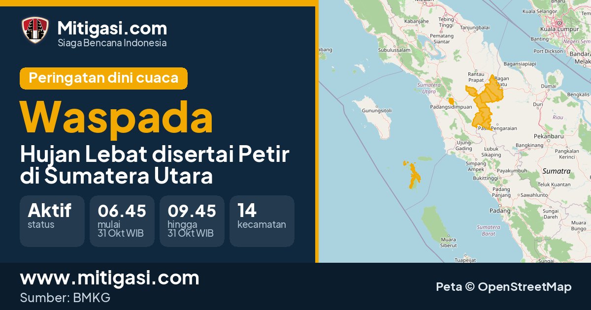 Peringatan dini cuaca BMKG tingkat Waspada di Sumatera Utara. (Mitigasi.com/data BMKG)