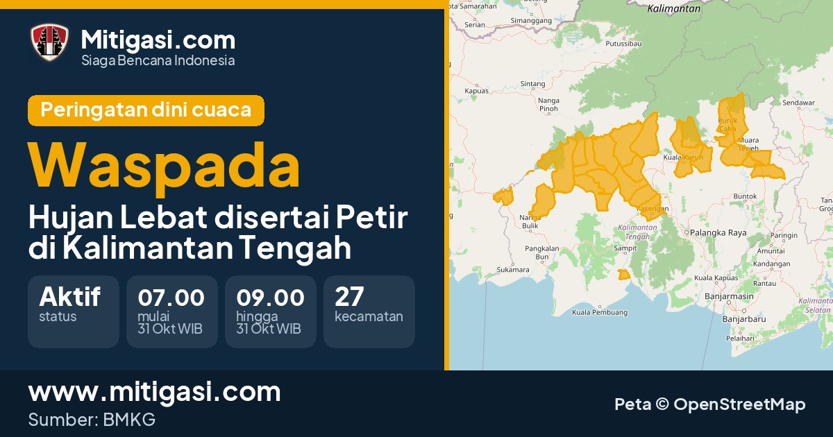 Peringatan dini cuaca BMKG tingkat Waspada di Kalimantan Tengah. (Mitigasi.com/data BMKG)
