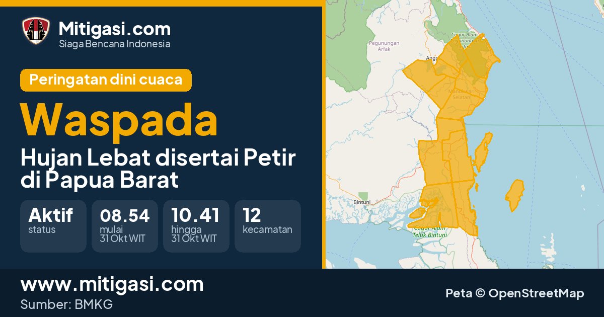 Peringatan dini cuaca BMKG tingkat Waspada di Papua Barat. (Mitigasi.com/data BMKG)