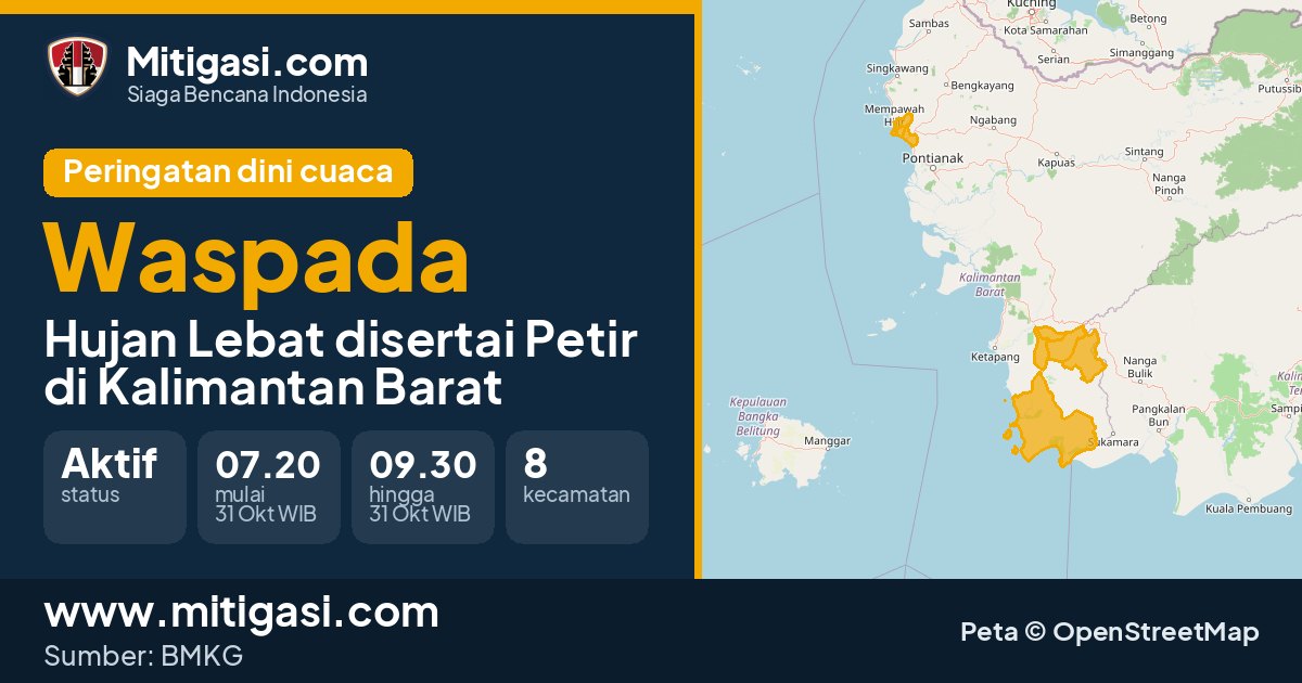 Peringatan dini cuaca BMKG tingkat Waspada di Kalimantan Barat. (Mitigasi.com/data BMKG)
