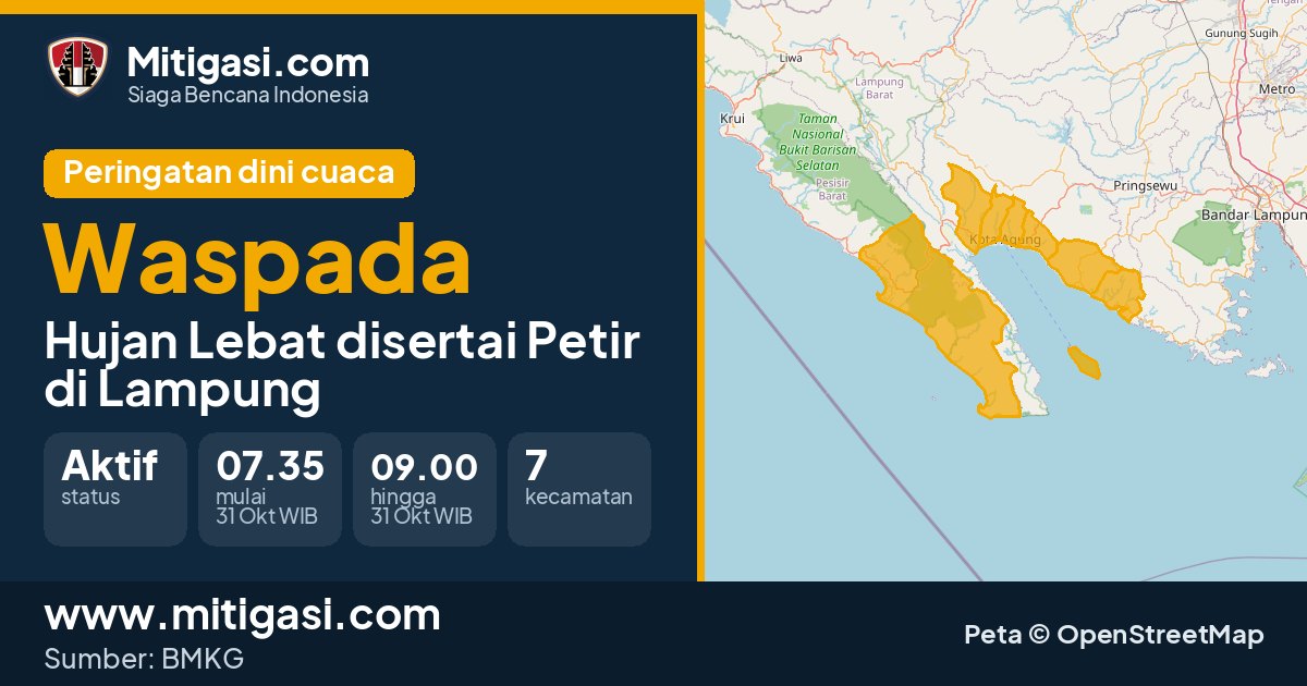 Peringatan dini cuaca BMKG tingkat Waspada di Lampung. (Mitigasi.com/data BMKG)