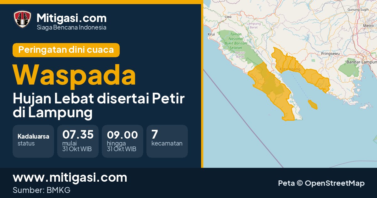 Peringatan dini cuaca BMKG tingkat Waspada di Lampung. (Mitigasi.com/data BMKG)