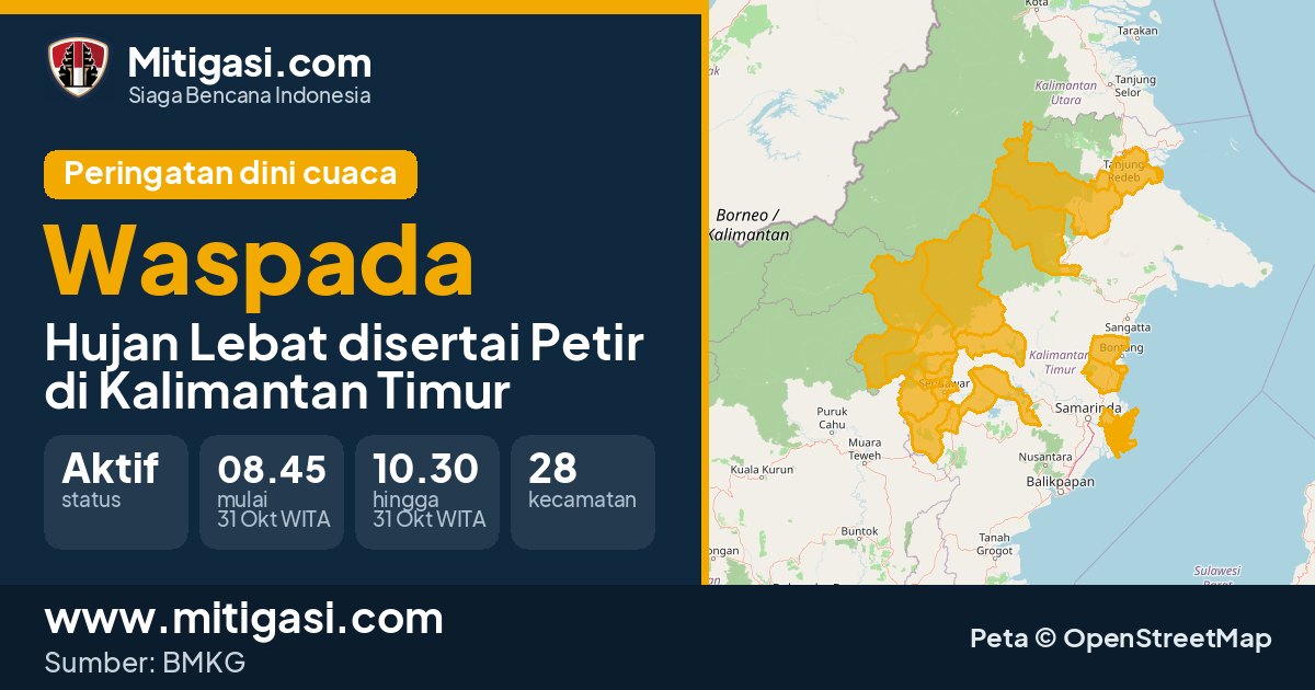 Peringatan dini cuaca BMKG tingkat Waspada di Kalimantan Timur. (Mitigasi.com/data BMKG)