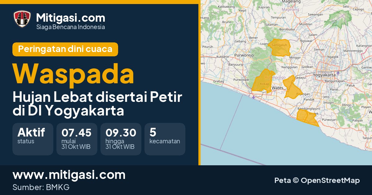 Peringatan dini cuaca BMKG tingkat Waspada di DI Yogyakarta. (Mitigasi.com/data BMKG)