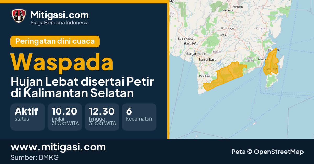Peringatan dini cuaca BMKG tingkat Waspada di Kalimantan Selatan. (Mitigasi.com/data BMKG)