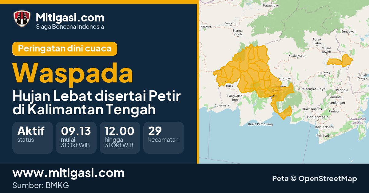 Peringatan dini cuaca BMKG tingkat Waspada di Kalimantan Tengah. (Mitigasi.com/data BMKG)