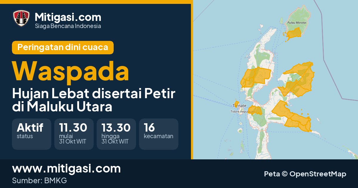Peringatan dini cuaca BMKG tingkat Waspada di Maluku Utara. (Mitigasi.com/data BMKG)