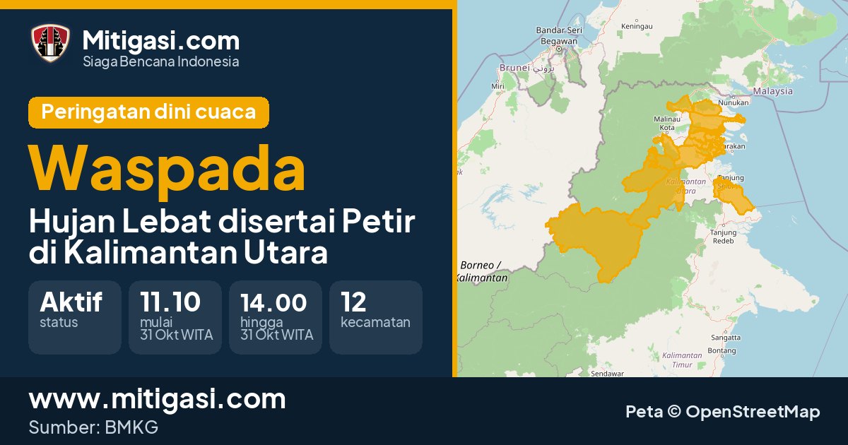 Peringatan dini cuaca BMKG tingkat Waspada di Kalimantan Utara. (Mitigasi.com/data BMKG)