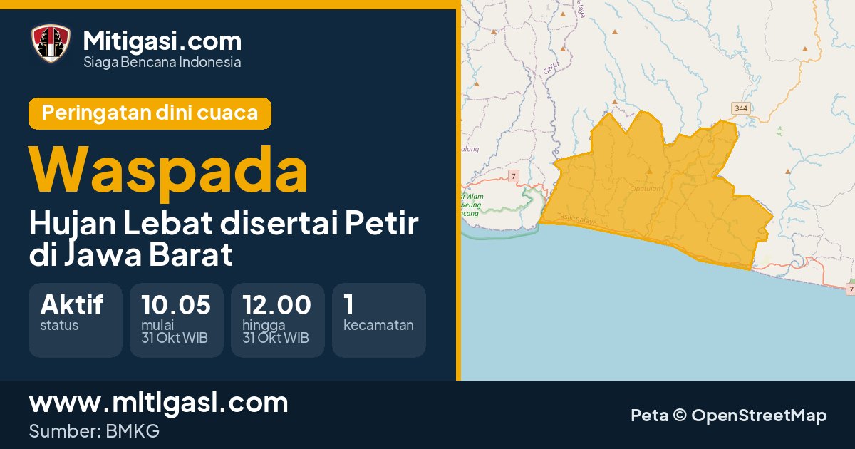 Peringatan dini cuaca BMKG tingkat Waspada di Jawa Barat. (Mitigasi.com/data BMKG)