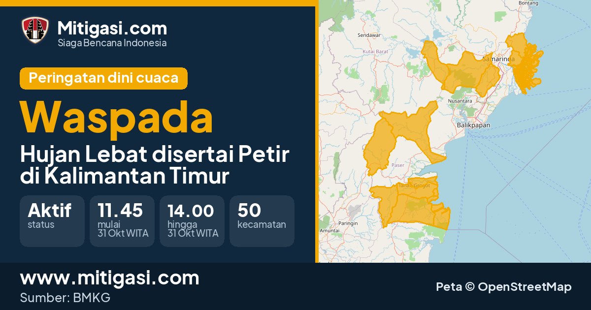 Peringatan dini cuaca BMKG tingkat Waspada di Kalimantan Timur. (Mitigasi.com/data BMKG)