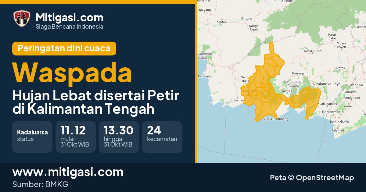 Peringatan dini cuaca BMKG tingkat Waspada di Kalimantan Tengah. (Mitigasi.com/data BMKG)