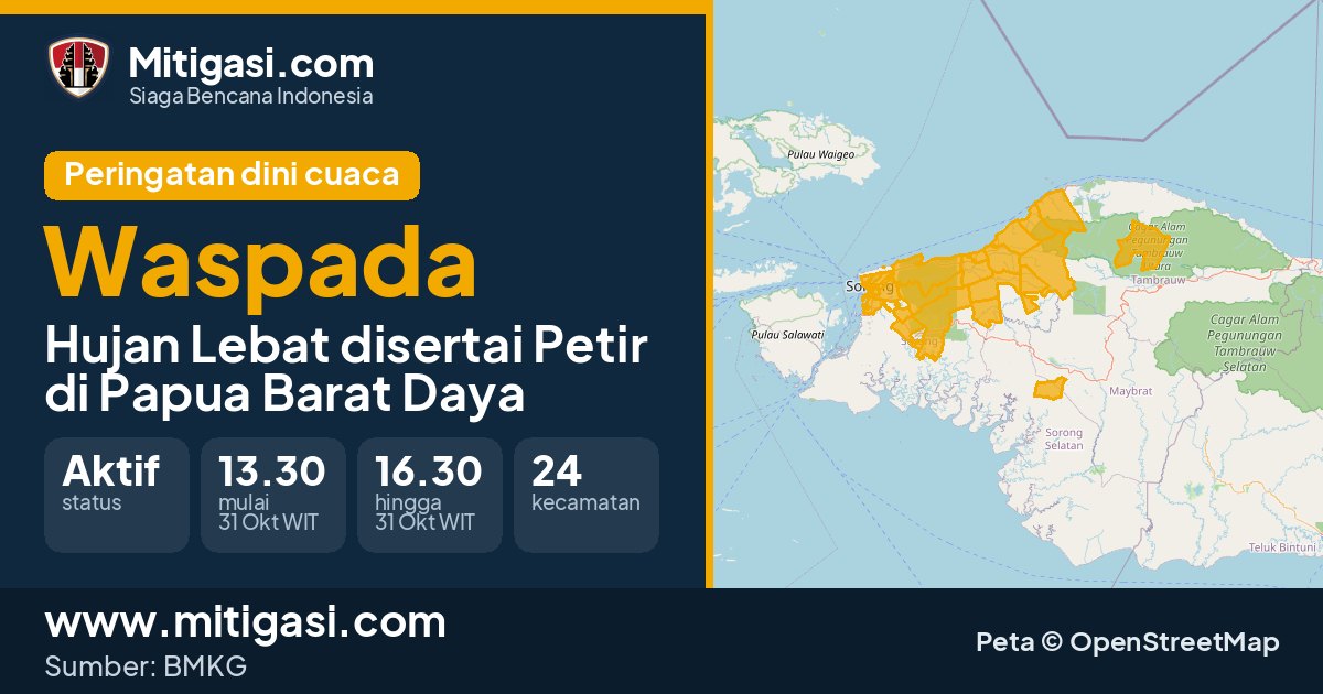 Peringatan dini cuaca BMKG tingkat Waspada di Papua Barat Daya. (Mitigasi.com/data BMKG)