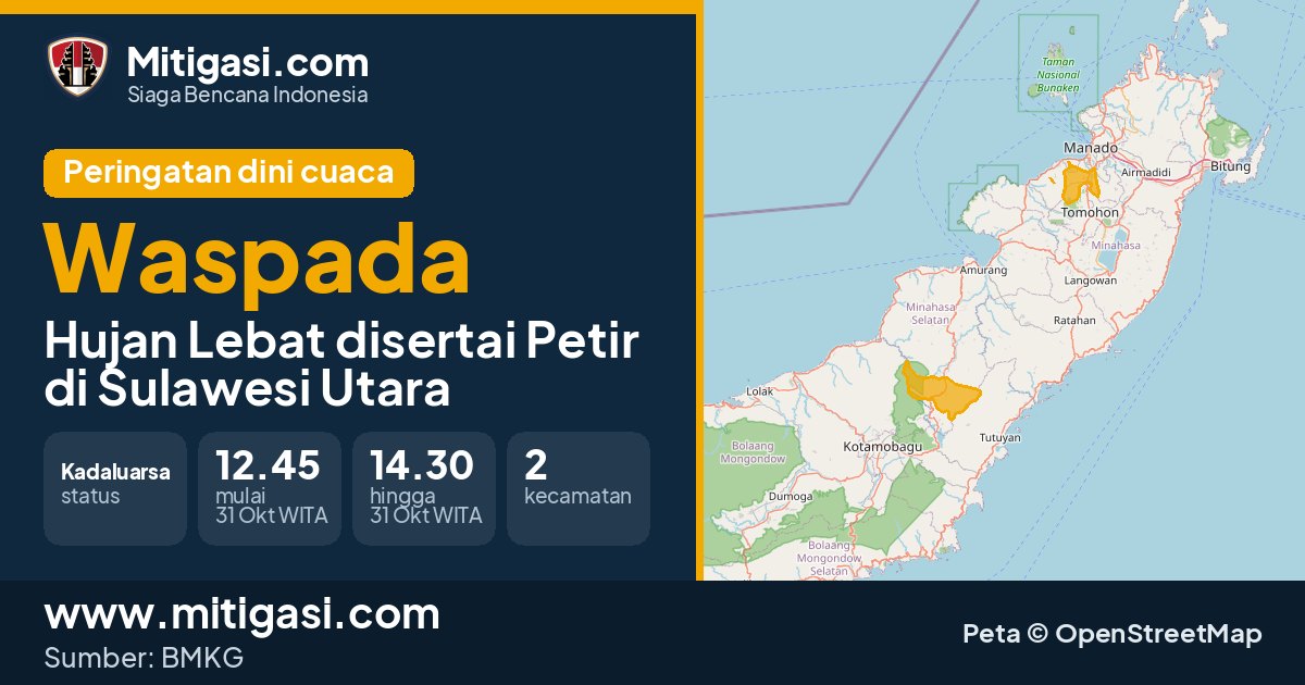 Peringatan dini cuaca BMKG tingkat Waspada di Sulawesi Utara. (Mitigasi.com/data BMKG)