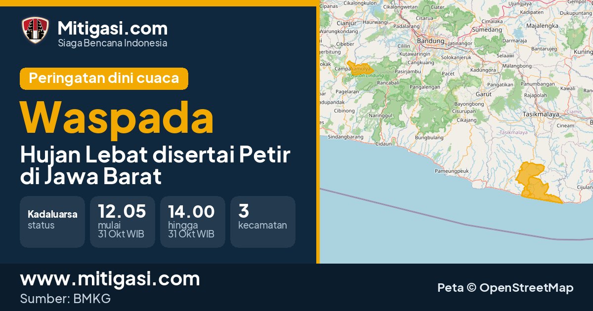 Peringatan dini cuaca BMKG tingkat Waspada di Jawa Barat. (Mitigasi.com/data BMKG)