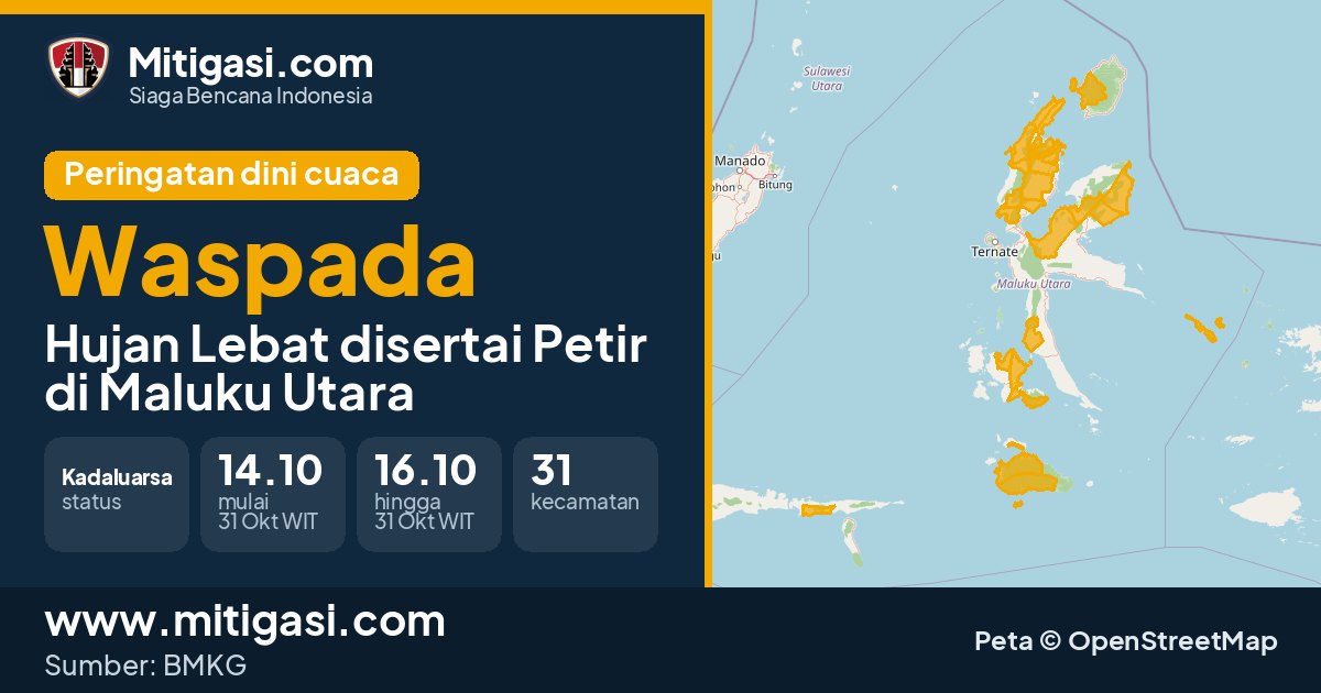 Peringatan dini cuaca BMKG tingkat Waspada di Maluku Utara. (Mitigasi.com/data BMKG)