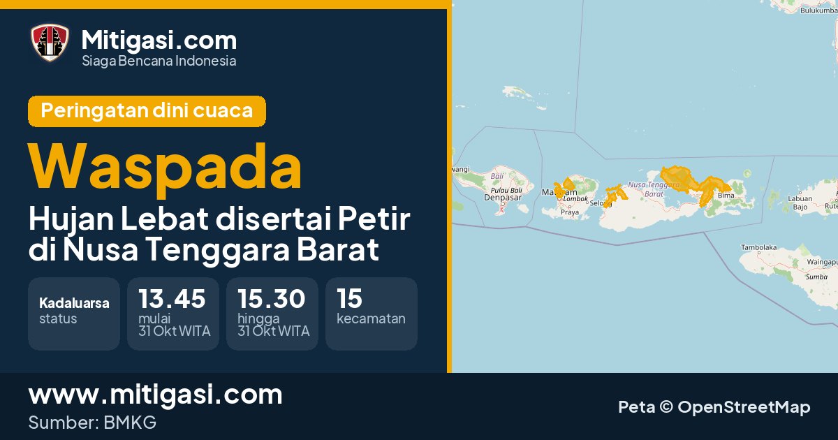 Peringatan dini cuaca BMKG tingkat Waspada di Nusa Tenggara Barat. (Mitigasi.com/data BMKG)