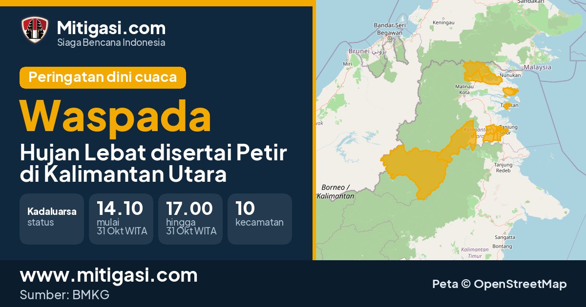 Peringatan dini cuaca BMKG tingkat Waspada di Kalimantan Utara. (Mitigasi.com/data BMKG)