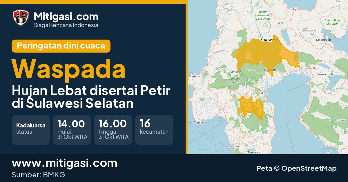Peringatan dini cuaca BMKG tingkat Waspada di Sulawesi Selatan. (Mitigasi.com/data BMKG)