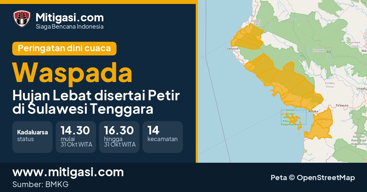 Peringatan dini cuaca BMKG tingkat Waspada di Sulawesi Tenggara. (Mitigasi.com/data BMKG)