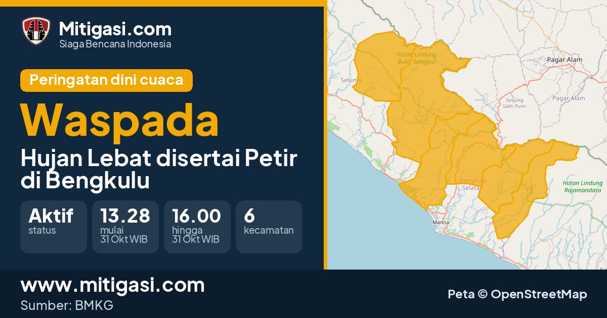 Peringatan dini cuaca BMKG tingkat Waspada di Bengkulu. (Mitigasi.com/data BMKG)