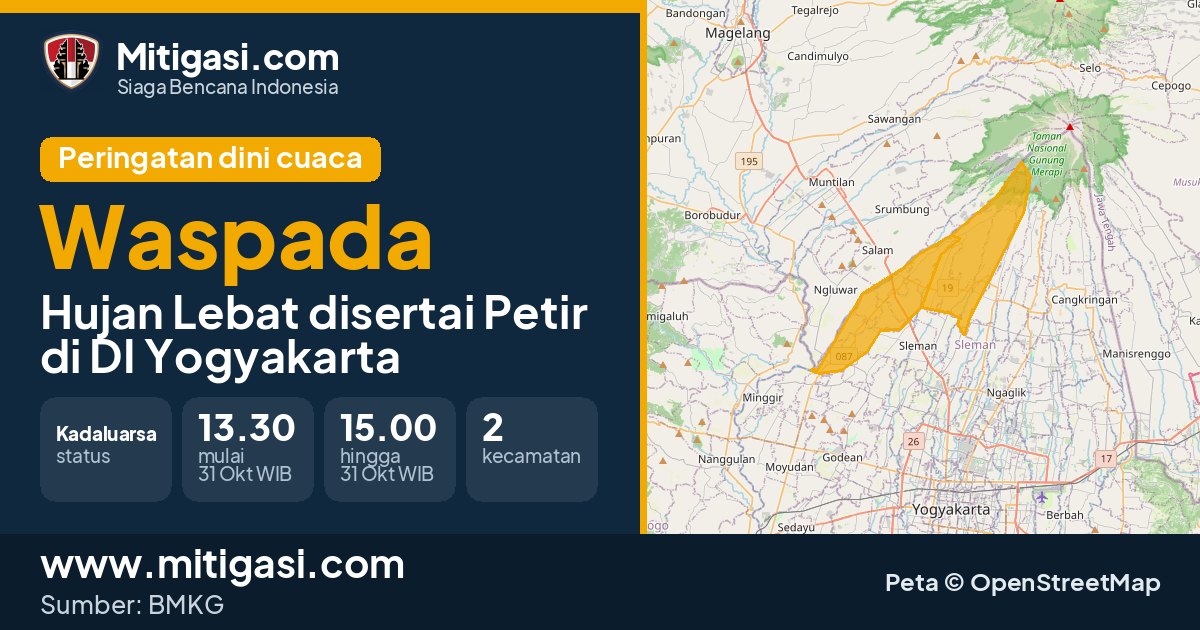 Peringatan dini cuaca BMKG tingkat Waspada di DI Yogyakarta. (Mitigasi.com/data BMKG)