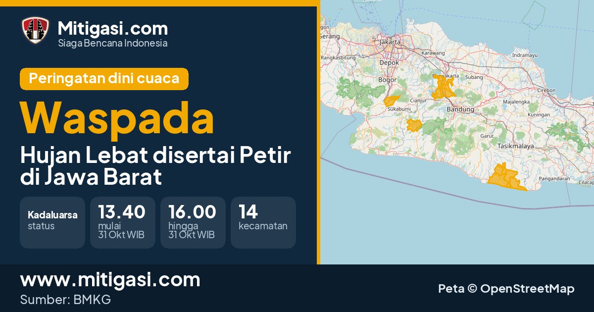 Peringatan dini cuaca BMKG tingkat Waspada di Jawa Barat. (Mitigasi.com/data BMKG)