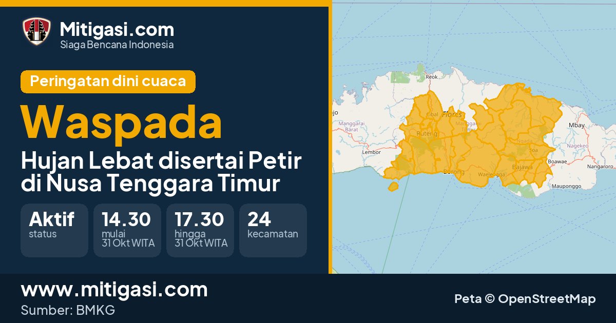 Peringatan dini cuaca BMKG tingkat Waspada di Nusa Tenggara Timur. (Mitigasi.com/data BMKG)