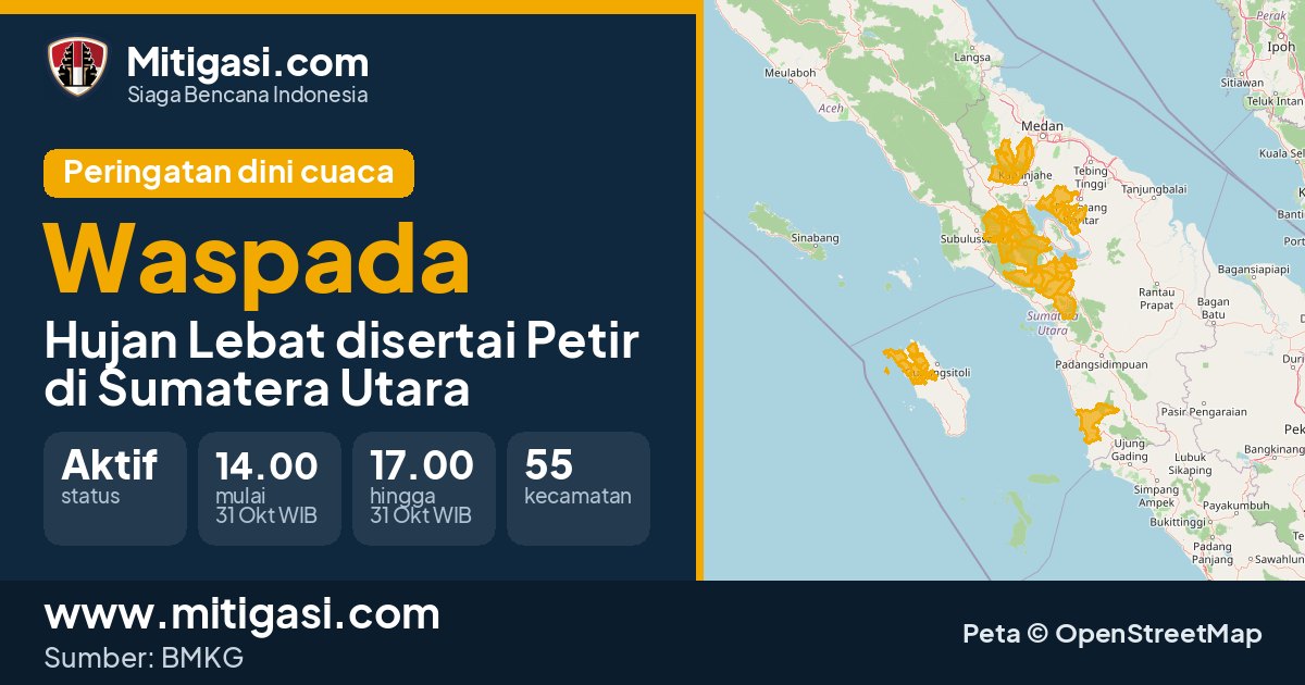 Peringatan dini cuaca BMKG tingkat Waspada di Sumatera Utara. (Mitigasi.com/data BMKG)