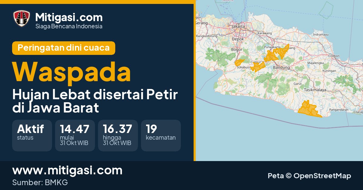 Peringatan dini cuaca BMKG tingkat Waspada di Jawa Barat. (Mitigasi.com/data BMKG)