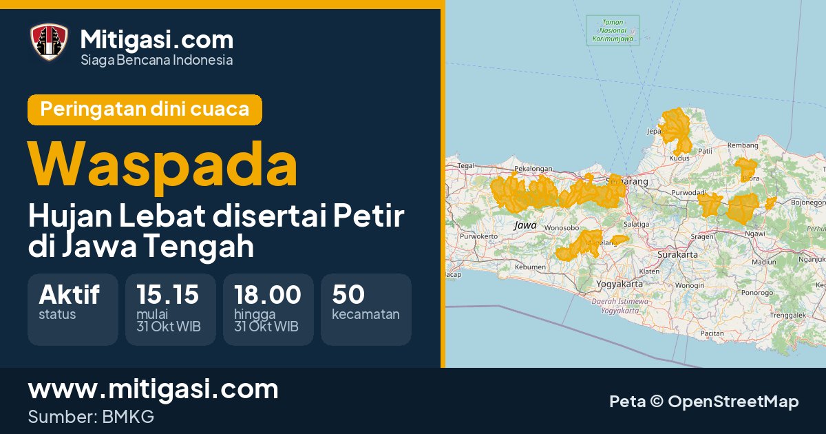Peringatan dini cuaca BMKG tingkat Waspada di Jawa Tengah. (Mitigasi.com/data BMKG)