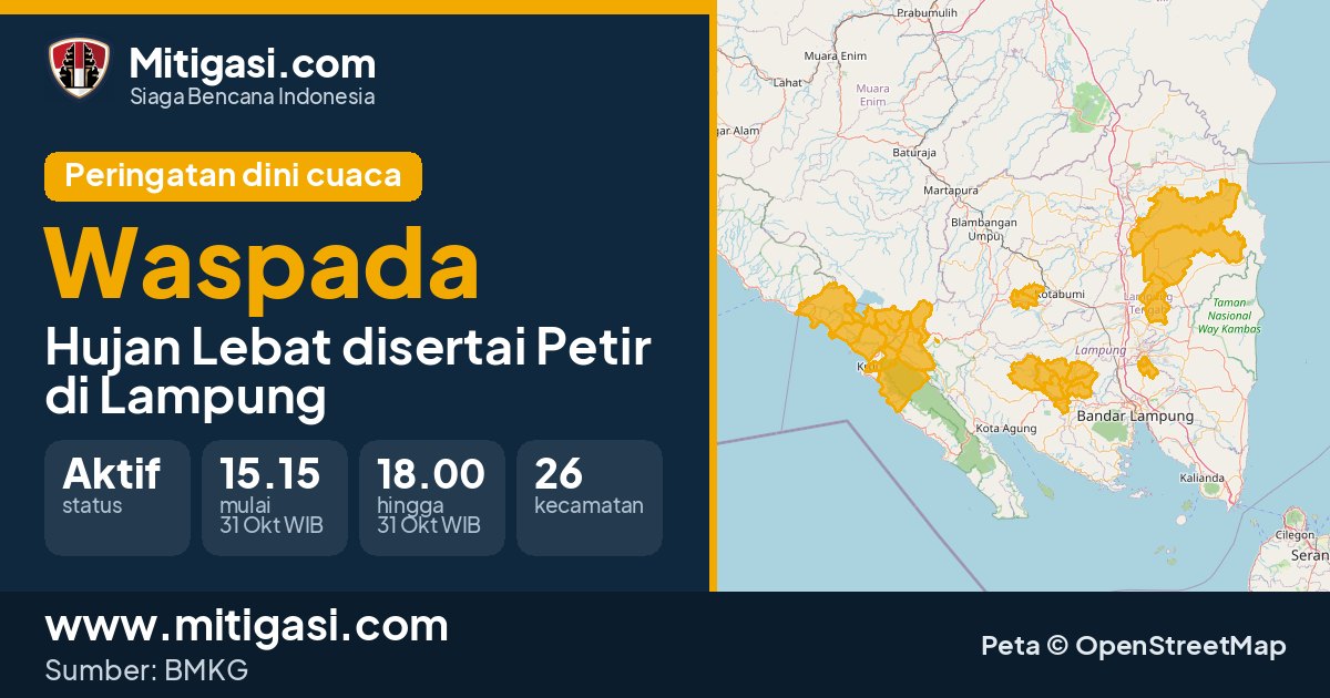 Peringatan dini cuaca BMKG tingkat Waspada di Lampung. (Mitigasi.com/data BMKG)