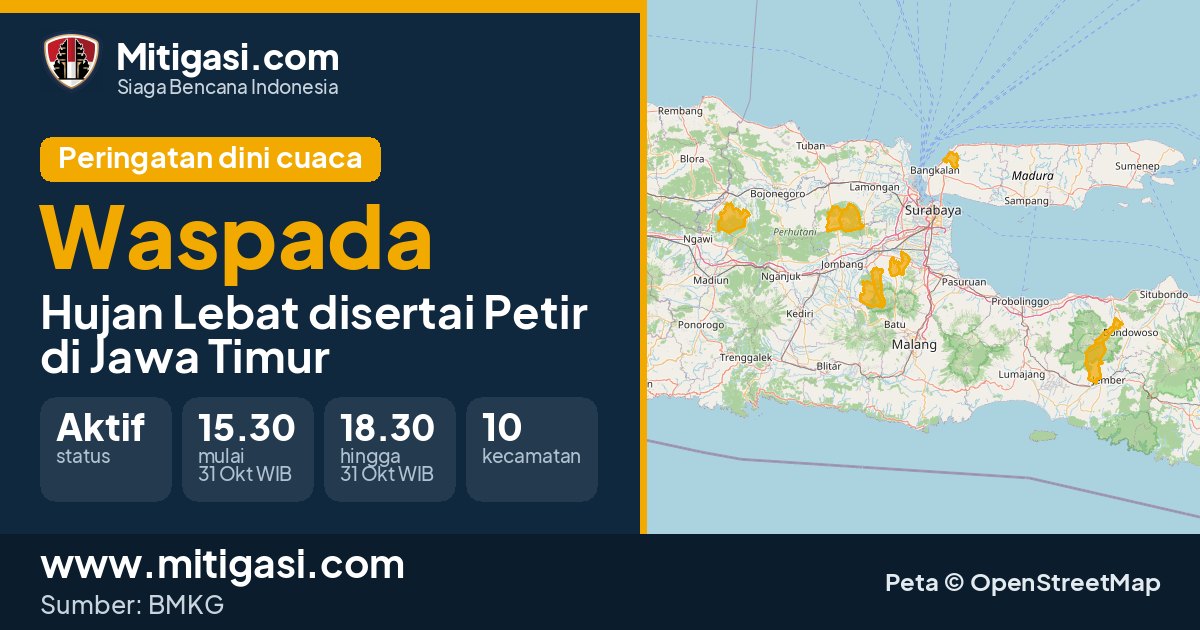 Peringatan dini cuaca BMKG tingkat Waspada di Jawa Timur. (Mitigasi.com/data BMKG)