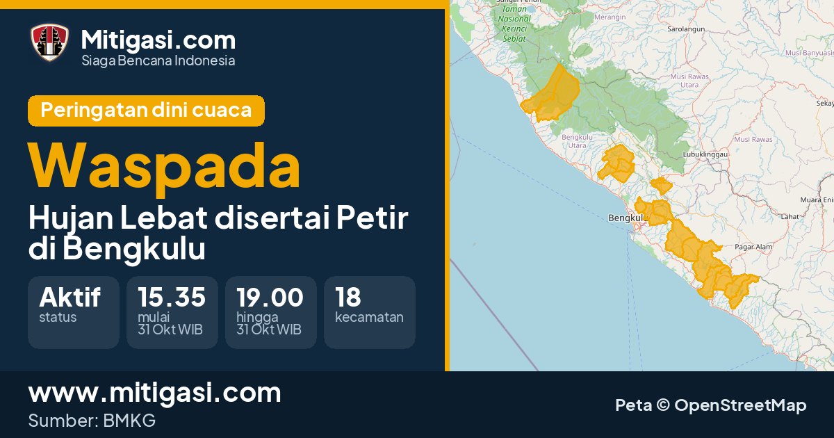 Peringatan dini cuaca BMKG tingkat Waspada di Bengkulu. (Mitigasi.com/data BMKG)