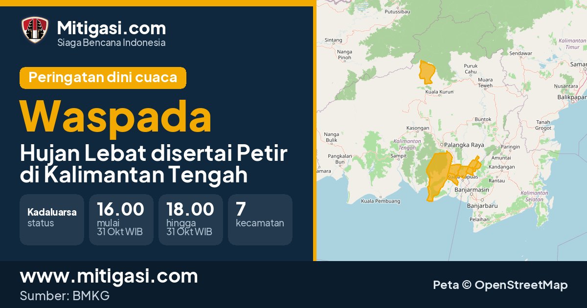 Peringatan dini cuaca BMKG tingkat Waspada di Kalimantan Tengah. (Mitigasi.com/data BMKG)