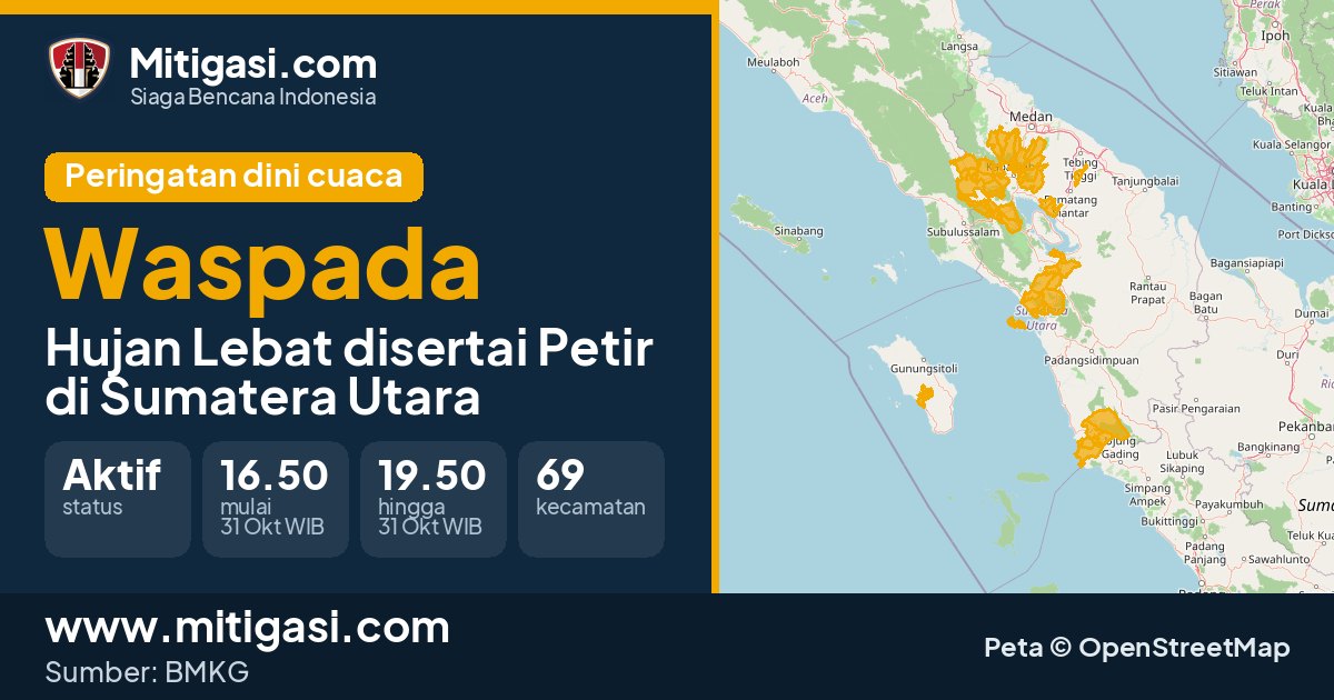 Peringatan dini cuaca BMKG tingkat Waspada di Sumatera Utara. (Mitigasi.com/data BMKG)
