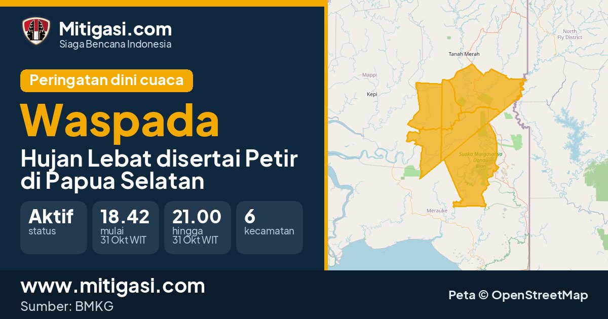 Peringatan dini cuaca BMKG tingkat Waspada di Papua Selatan. (Mitigasi.com/data BMKG)