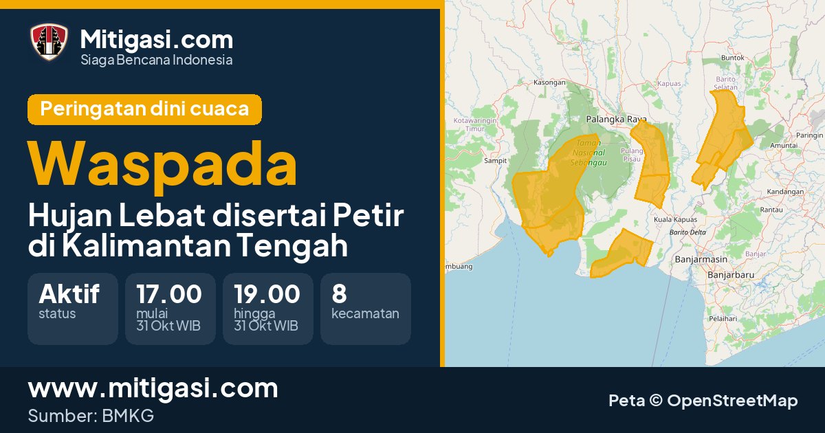 Peringatan dini cuaca BMKG tingkat Waspada di Kalimantan Tengah. (Mitigasi.com/data BMKG)