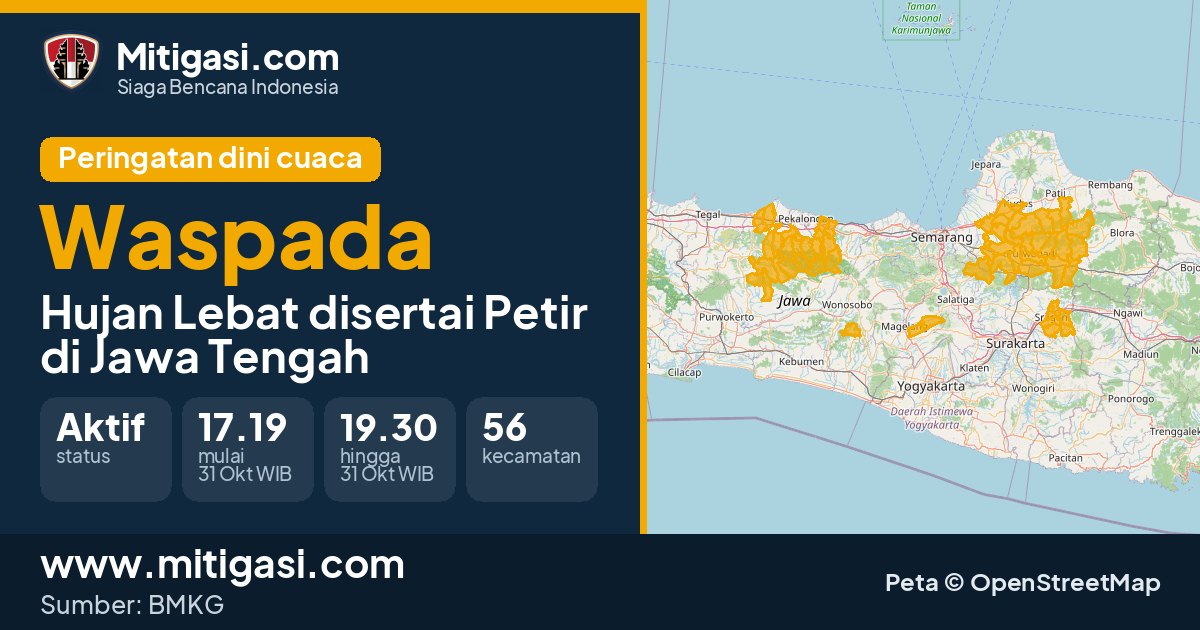 Peringatan dini cuaca BMKG tingkat Waspada di Jawa Tengah. (Mitigasi.com/data BMKG)