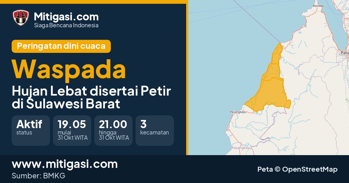 Peringatan dini cuaca BMKG tingkat Waspada di Sulawesi Barat. (Mitigasi.com/data BMKG)