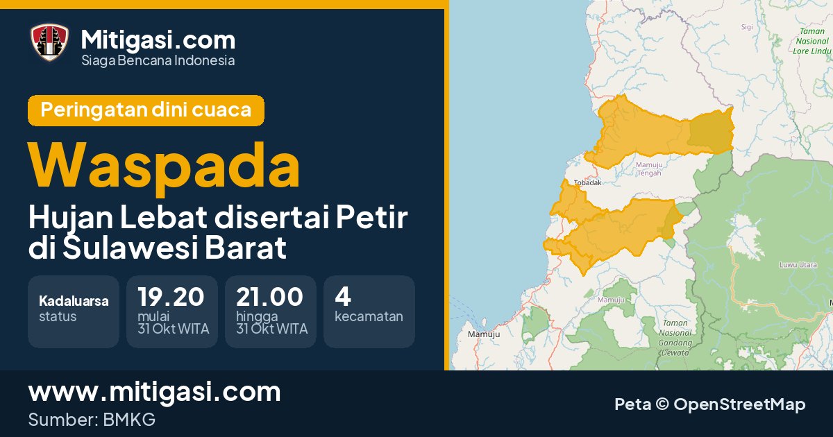 Peringatan dini cuaca BMKG tingkat Waspada di Sulawesi Barat. (Mitigasi.com/data BMKG)