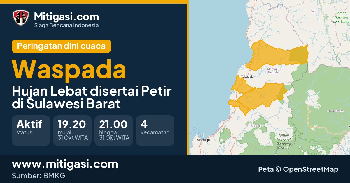 Peringatan dini cuaca BMKG tingkat Waspada di Sulawesi Barat. (Mitigasi.com/data BMKG)