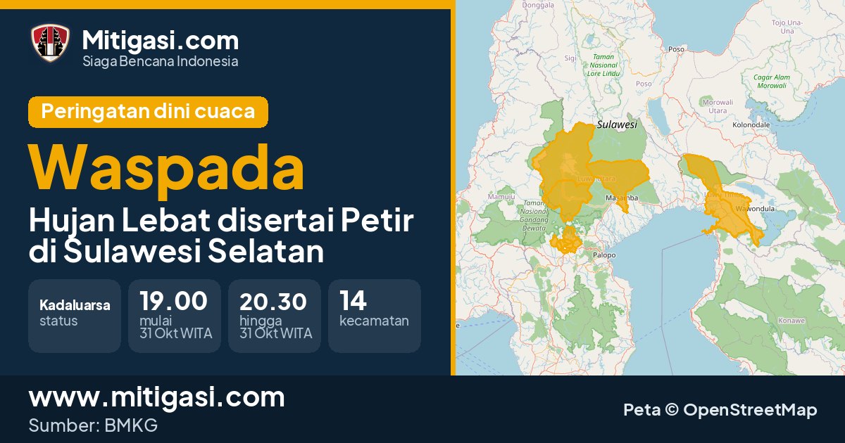 Peringatan dini cuaca BMKG tingkat Waspada di Sulawesi Selatan. (Mitigasi.com/data BMKG)